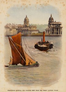 Greenwich Hospital og høyskole sett fra fergelandingsplassen (fargelitografi) av English School