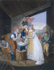 Gretna Green, eller det rødglødende ekteskapet, pub. Av Aurrie & Whittle, 1794 88:Oh! Mr Blacksmith, lind på smertene våre - og bind oss fast i Wedlocks Chains 99:female; tradisjonelle kostymer; tra av English School