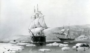HMS Assistance og Pioneer bryter ut av vinterkvarteret i 1854 (litografi) av English School