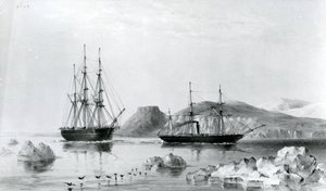 HMS Assistance in Tow of Pioneer passerer John Harrow Mount, North Wellington Channel i 1853 (litografi) av English School
