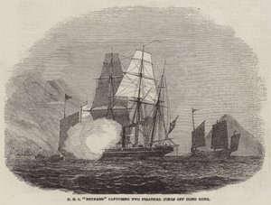 HMS "Reynard" fanger Two Piratical Junks utenfor Hong Kong (gravering) av English School