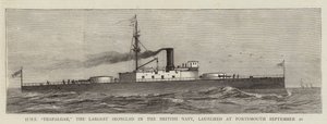 HMS "Trafalgar," den største jernbelagte i den britiske marinen, skutt opp i Portsmouth 20. september (gravering) av English School