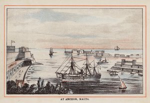 HM indisk troppeskip: For anker, Malta (farget gravering) av English School