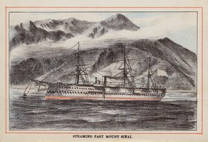 HM indisk troppeskip: Dampende forbi Sinai-fjellet (farget gravering) av English School