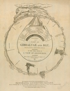H A Barkers utsikt over Gibraltar og Bay, Panorama, Leicester Square, London av English School