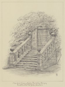 Haddon Hall, døren som Dorothy Vernon stakk fra med Sir John Manners (litho) av English School