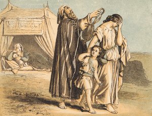 Hagar og Ismael sendt bort (farget gravering) av English School