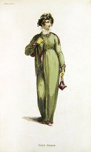 Halv kjole, moteplate fra Ackermanns Repository of Arts (farget gravering) av English School