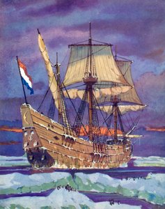 Halve Maen, eller Half Moon, Henry Hudson (farge litho) av English School