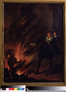 ""Hamlet vendt mot sin fars spøkelse"" (Hamlet and the Ghost of His Father) Illustrasjon til skuespillet Hamlet av William Shakespeare (1564-1621) Maleri fra den engelske skolen tidlig på 1800-tallet Dim. 65x51 cm Pushkin Museum , Moskva av English School