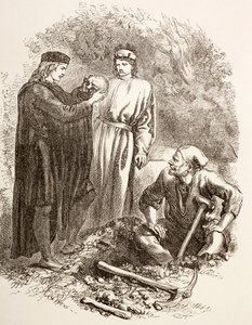 Hamlet holder hodeskallen til Yorick, illustrasjon av Act V, Scene I i Hamlet, fra 