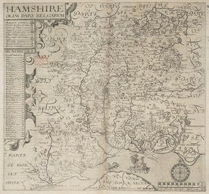 Hampshire, tidligere en del av belgierne. J. Norden beskrevet W. Hole sculp., fra Camdens "Britannia." 6. utgave. fol. 187 (gravering) av English School