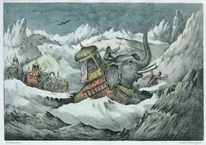 Hannibal (247-c.183 f.Kr.) og hans krigselefanter krysser Alpene (senere farge)