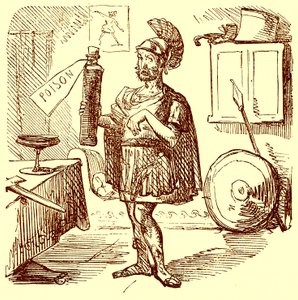Hannibal holder den vanlige ryddige og passende talen Previous to Killing Himself, illustrasjon fra The Comic History of Rome av Gilbert Abbott a Beckett, utgitt ca. 1850 (digitalt forbedret bilde) av English School