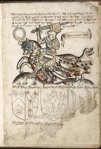 Harley 2169 f. 3 Henry VI til hest, våpenskjold i Henry VIs tid (vellum) av English School
