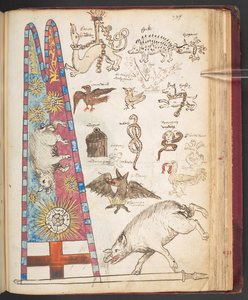 Harley 4632, f.242, Richard IIIs banner i Bosworth, pluss Yorkist-solskur (vellum) av English School