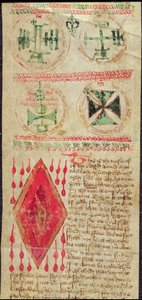 Harley Ms T.11 Magiske figurer og Kristi sår fra en bønnerulle (vellum) av English School