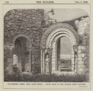 Haughmond Abbey, nær Shrewsbury, South Door of the Church fra Cloister (gravering) av English School