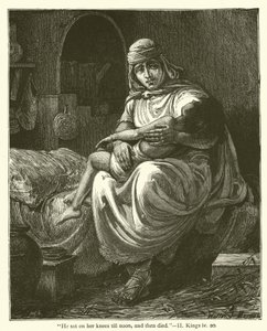 "Han satt på knærne hennes til middag, og døde så", II, Kongebok, iv, 20 (gravering) av English School