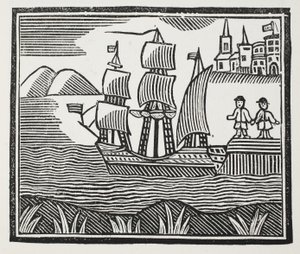 Han setter seil på sin begivenhetsrike reise, illustrasjon fra Chap-books of the Eighteenth Century av John Ashton, pub. 1882 av English School
