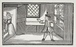 Han gikk til spiskammeret og forsynte seg med brød og smør, illustrasjon fra Chap-books of the Eighteenth Century av John Ashton, pub. 1882 av English School