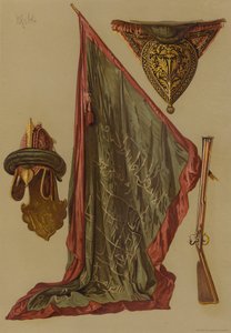 Hjelm og standard for Tippoo Sultan (chromolitho) av English School