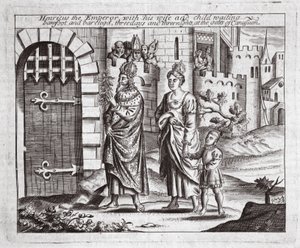 Henricus keiseren med sin kone og barn venter, barbeint og barbeint, tre dager og tre netter ved portene til Canusuam, illustrasjon fra Acts and Monuments av John Foxe, niende utgave, av English School