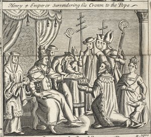 Henry 4-keiseren overgir sin krone til paven, illustrasjon fra Acts and Monuments av John Foxe, niende utgave, pub. 1684 av English School