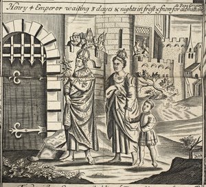 Henry 4-keiser som venter 3 dager og netter i frost og snø på adgang til pave Gregory, illustrasjon fra Acts and Monuments av John Foxe, niende utgave, pub. 1684 av English School