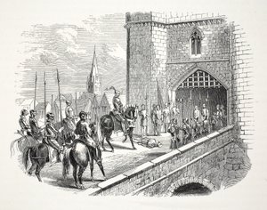 Henry Earl of Richmonds (etterpå Henry VII) inngang til Shrewsbury over Mayors-kroppen, pub. 1800-tallet (stålgravering) av English School