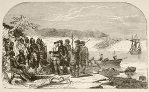 Henry Hudson tilbyr brennevin til indianerne i 1609 (litho) av English School
