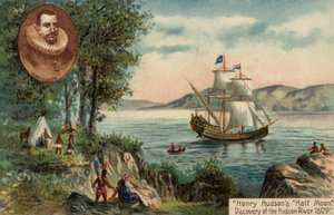 Henry Hudsons skip Half Moon oppdager Hudsonelven i Nord-Amerika av English School