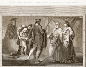 Henry IV forplikter prins James av Skottland, til omsorgen for sine lærere, illustrasjon fra David Humes The History of England, pub. av R. Bowyer, London, 1812 av English School