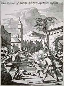 Henry Morgan fanger og plyndrer byen Puerto de Principe, Cuba, i 1668, illustrasjon fra 'The Buccaneers of America' av John Esquemeling, utgitt 1699 (gravering) av English School
