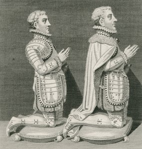 Henry Stuart, Lord Darnley og broren Charles Stuart, jarl av Lennox, kneler foran morens grav i Westminster Abbey, gravert av Andrew Birrell, 1796 av English School