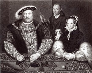 Henry VIII, hans datter Queen Mary og Will Somers, etter et oljemaleri fra 1500-tallet, malt posthumt, 1821 av English School