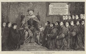 Henry VIII presenterer et charter til College of Surgeons (gravering) av English School