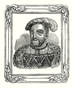 Henrik VIII ble født i 1490, kronet i 1509, døde i 1547 (gravering) av English School