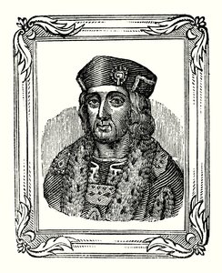 Henry VII ble født i 1457, kronet i 1485 og døde i 1509 (gravering) av English School