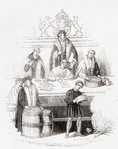Henry VIIs rettssak av vekter og mål ved statskassen i 1497, fra Old England: A Pictorial Museum, pub. 1847 av English School