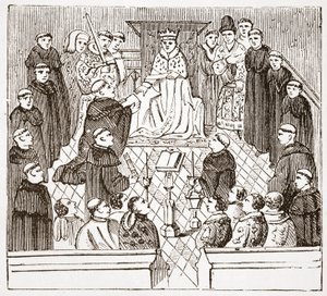 Henry V og hans parlament (fra Harleian MMS ved British Museum), illustrasjon fra The History of Protestantism av James Aitken Wylie (1808-1890), pub. 1878 av English School