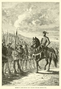 Henry V gjennomgikk troppene sine før Agincourt av English School