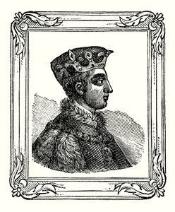 Henry V ble født i 1388, kronet i 1413 og døde i 1422 (gravering) av English School