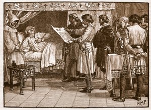 Henry mottar nyheten om Johns forræderi, illustrasjon fra Cassells Illustrated History of England (sepia-bilde) av English School