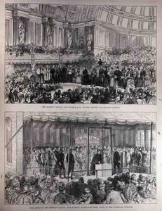 Hennes Majestet åpner Queens Hall of the Peoples Palace og legger den første steinen til de tekniske skolene, fra The Illustrated London News, 21. mai 1887 av English School