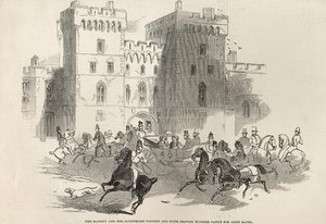 Hennes Majestet og hennes illustrerte besøkende og suite forlater Windsor Castle for Ascot Races, fra 'The Illustrated London News', 14. juni 1845 av English School