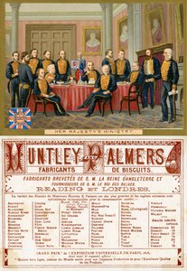 Hennes Majestets departement, foran og bak på et kampanjekort for Huntley & Palmers Biscuits, produsert for det franske markedet ca. 1890 av English School