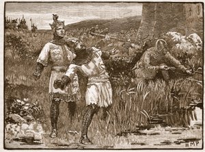 Heroism of St. Clair at the Siege of Bridgnorth Castle, illustrasjon fra Cassells Illustrated History of England (sepia-bilde) av English School