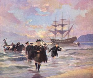 Nybyggere fra høylandet ankommer Pictou, Nova Scotia, fra «Hector», 1773 (fargelitografi) av English School