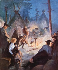 Høylandsbosettere camperer ved bredden av Prince Edward Island av English School